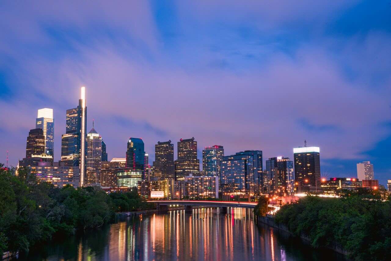 An image of Philadelphia skyline at twilight