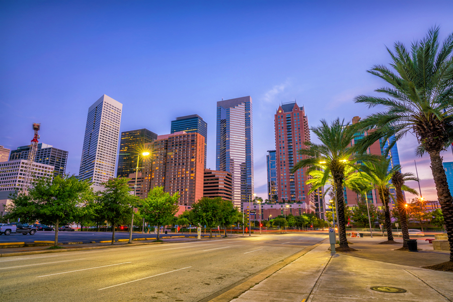 A street in Downtown Houston at night.