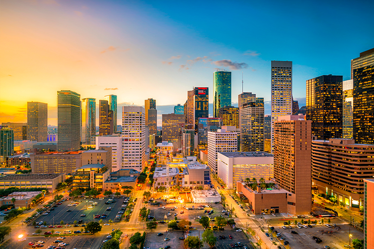 Downtown Houston high rises in the evening.