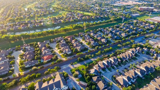 An aerial view of a suburban Houston neighborhood.