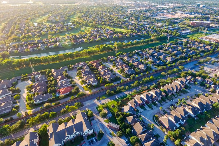 An aerial view of a suburban Houston neighborhood.