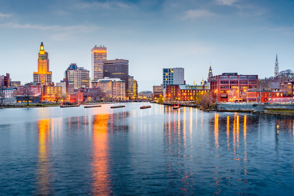 A view of Downtown Providence in the evening by the water