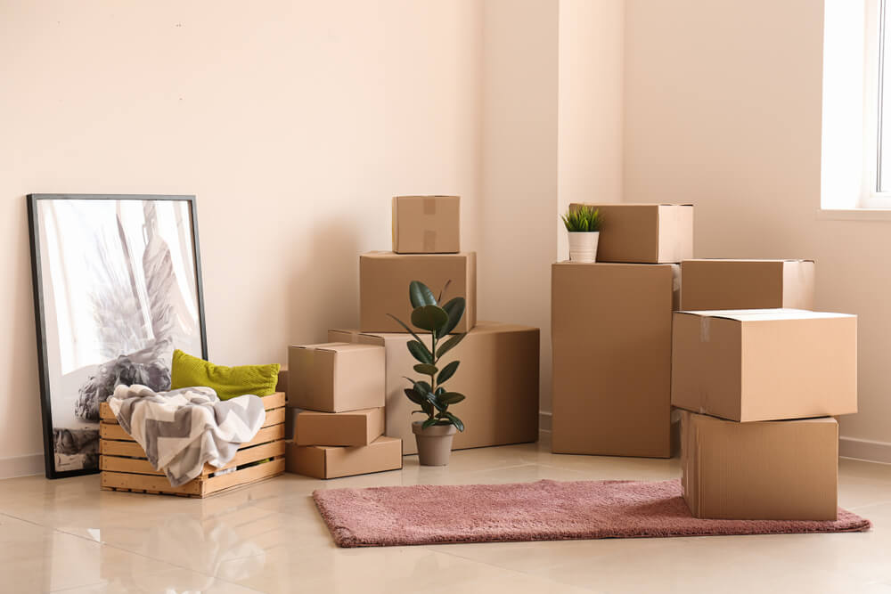 Moving boxes stacked in an empty apartment