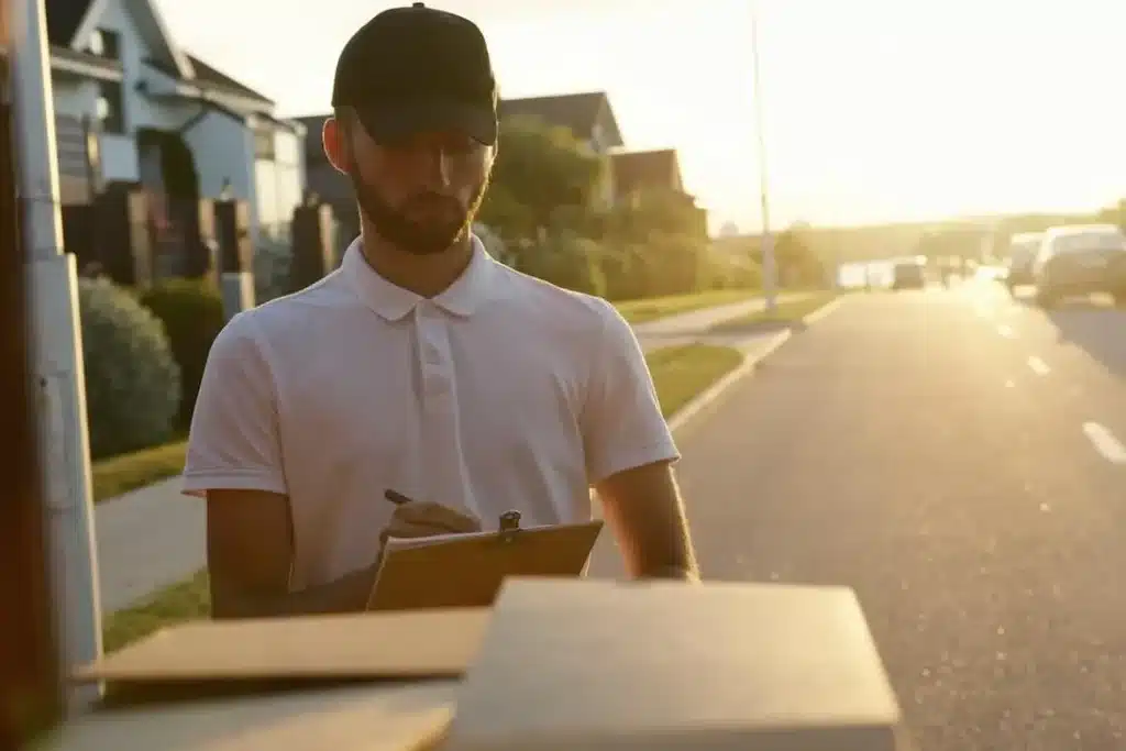 Mover holding a clipboard beside moving boxes on a residential street