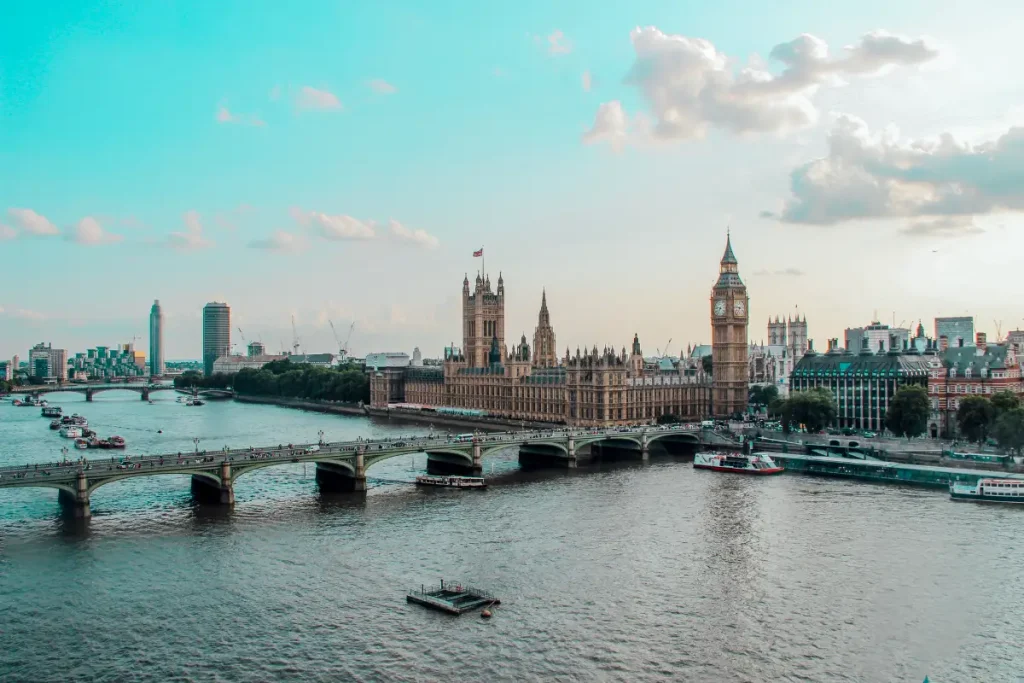 Aerial view of London city with Westminster Palace and River Thames in the picture