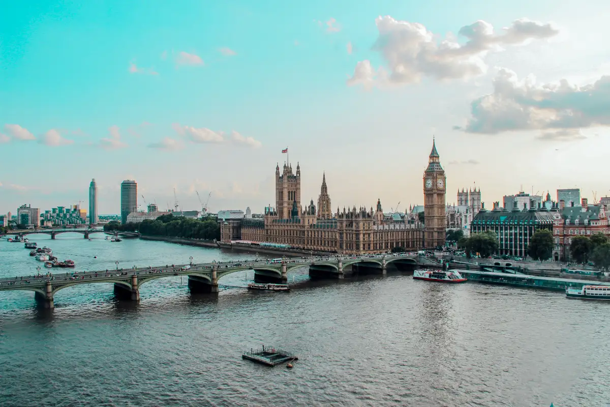 Aerial view of London city with Westminster Palace and River Thames in the picture