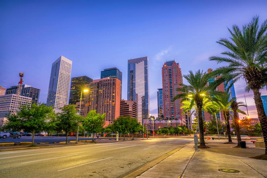 A street in Downtown Houston at night.